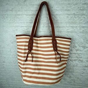 MASSI Striped Brown Cream Tote Leather & Cotton Shoulder Tote Bag